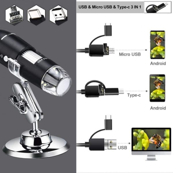 1600X Magnifier HD Image Sensor 3 in 1 USB Digital Microscope with 8 LED & Professional Stand (Black) Cheap